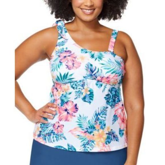 NWT Raisins Trendy Plus Siz Marita Floral Tankini Top White 24W